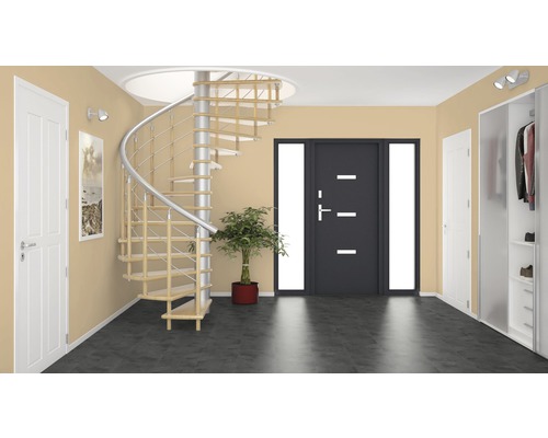 Ljus hall med spiraltrappa, ytterdörr och garderob