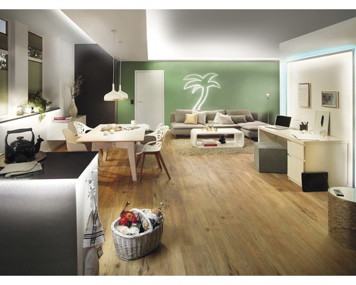 Ljust vardagsrum med matbord, soffa, skrivbord och trägolv