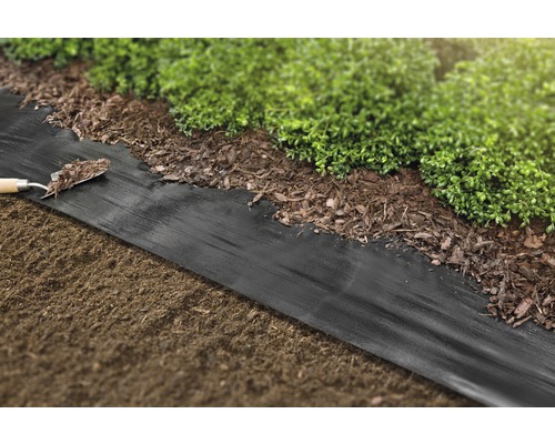 Trädgårdsscen med ogräsduk, täckbark och växter