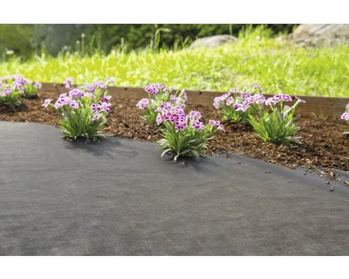 Trädgårdsscen med ogräsduk, blommor och träkant