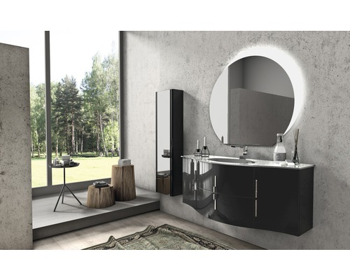 Modernt badrum med tvättställsskåp, spegelskåp och rund spegel