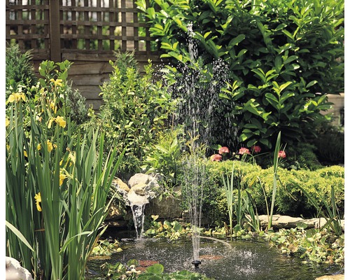 Trädgårdsdamm med fontän och dammväxter