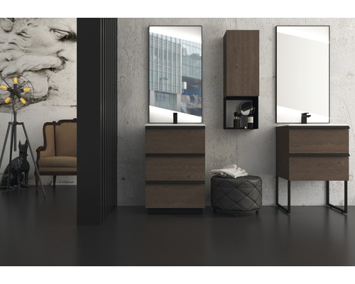 Badrumsscen med handfat, speglar och dekoration