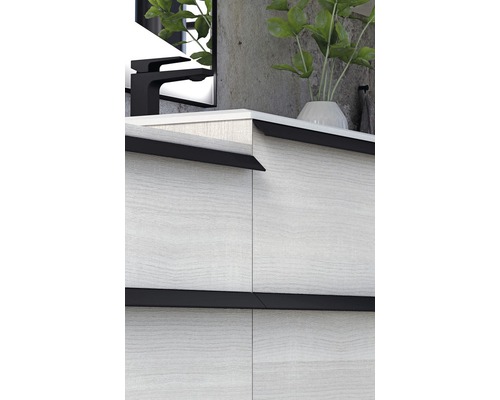 Detaljvy av ett badrumsskåp med handfat, armatur och växt