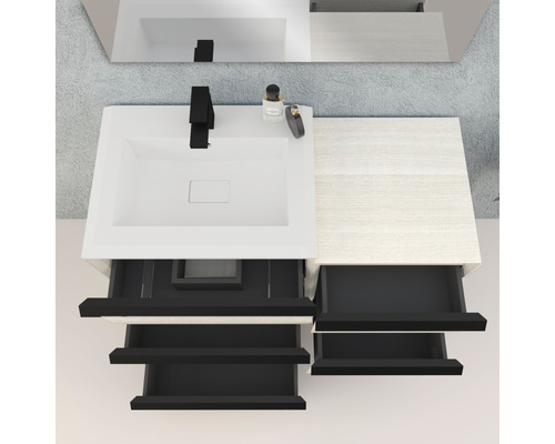 Badrumsskåp med handfat, blandare, spegel och lådor