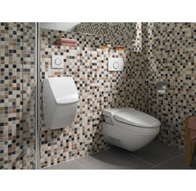 Badrum med urinal, toalett och fyrkantiga mosaikplattor