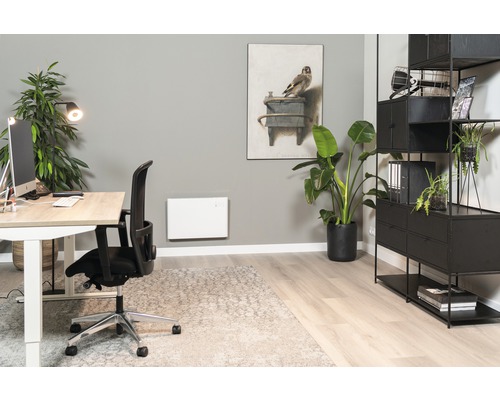 Kontor med skrivbord, kontorsstol, hylla och element