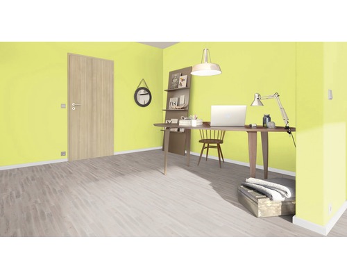 Ljust arbetsrum med trädörr, skrivbord, stol, hylla och dekoration