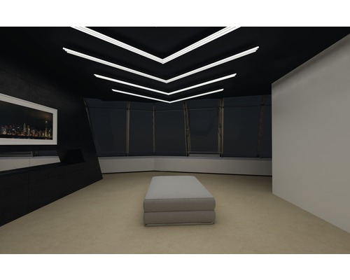 Modernt vardagsrum med ottoman, svarta väggar och taklampor