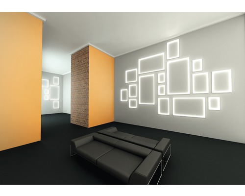 Vardagsrum med soffor och LED-väggmålningar