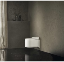 Modernt badrum med vägghängd duschtoalett och mörkt golv