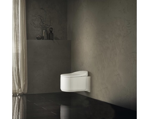 Modernt badrum med vägghängd duschtoalett och mörkt golv