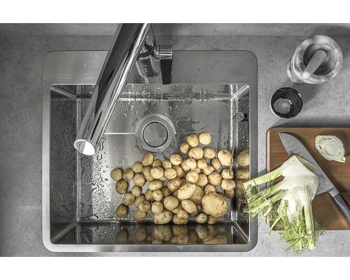 Rostfri diskho med kran, potatis och matlagningsingredienser