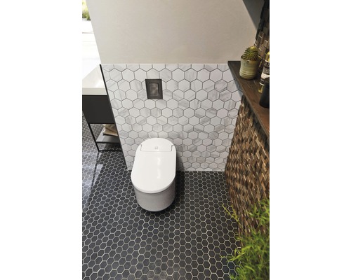 Modernt badrum med en vit toalett, hexagonala plattor på vägg och golv samt ett väggelement i trä.