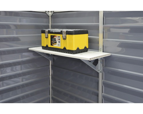 Verktygslåda på hylla i trädgårdsskjul