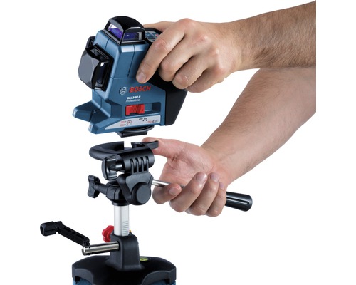 Bosch logotyp. 3-linjers laser med stativ byggs upp.
