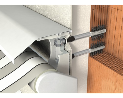 Detaljvy av en markisfästanordning på en vägg