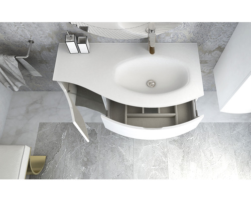 Badrumstvättställ med öppet skåp och låda i modern design