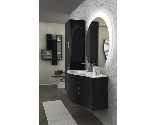 Modernt badrum med svart tvättställ, spegelskåp och oval spegel med belysning