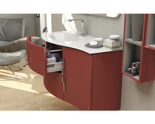 Modernt badrum med tvättställsskåp, handfat och öppen låda