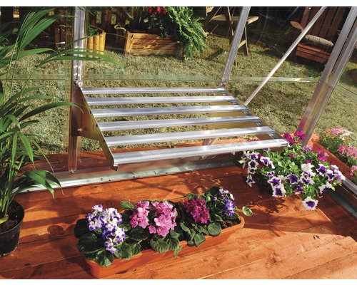 Interiörbild av ett växthus med trappa och blommande krukväxter