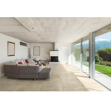 Ljust vardagsrum med soffa, öppen spis och stora fönsterpartier