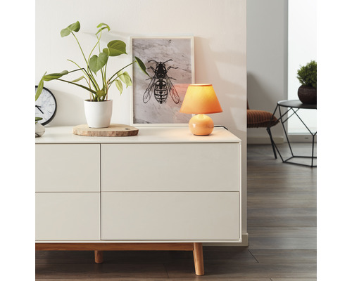 Sidobord med dekorationer som bordslampa, krukväxt och bild