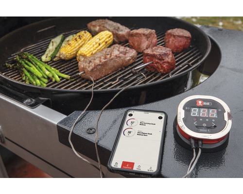 Scen med grill, kött, grönsaker, smartphone och digital grilltermometer för temperaturmätning.