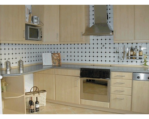 Köksvy med inbyggda skåp, diskho, spis och fläkt