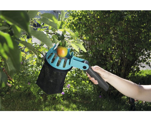 Äppelplockare i bruk med äpple på träd