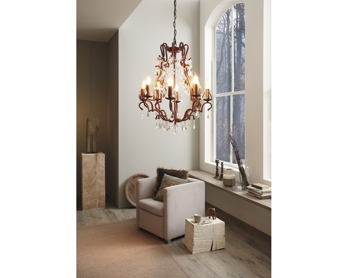 Taklampa EGLO West Fenton 8L rost/kristall Vardagsrum med ljuskrona, fåtölj och dekoration