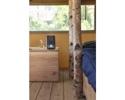 Interiör av ett tält med trägolv, sängbord, värmare och säng