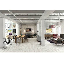 Rymligt vardagsrum med trägolv, matbord, soffor och dekorativa element