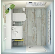 Översikt av ett badrum med toalett, handfat, spegel, trägolv och dusch