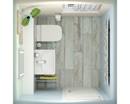 Översikt av ett badrum med toalett, handfat, spegel, trägolv och dusch