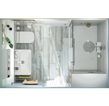 Badrum med toalett, handfat och dusch med trägolv