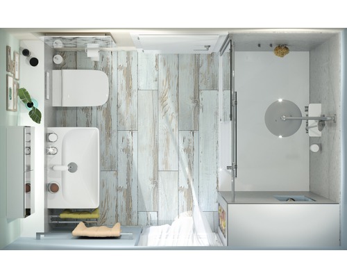 Badrum med toalett, handfat och dusch med trägolv