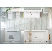 Ovanifrånvy av ett badrum med toalett, bidé, handfat, dusch och badkar