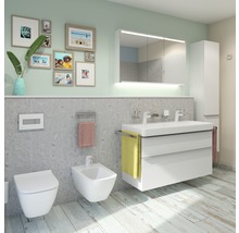 Modernt badrum med toalett, bidé, tvättställsskåp och spegelskåp