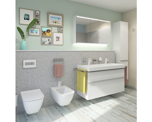 Modernt badrum med toalett, bidé, tvättställsskåp och spegelskåp