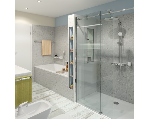 Badrum med badkar, dusch, bidé och tvättställ