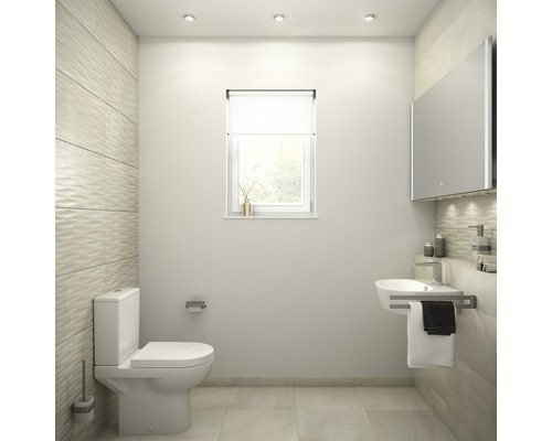 Ljust badrum med toalett, handfat, spegelskåp och fönster