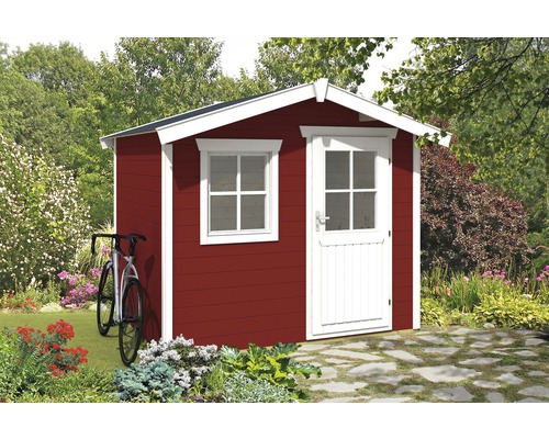 Trädgårdsskjul i trä med fönster och dörr i trädgården