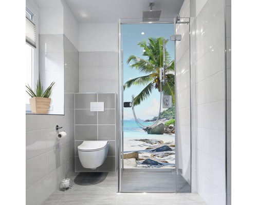 Dekorplast badrum MYSPOTTI Fresh Seychellen 210x100 cm Ljust badrum med toalett och dusch med strandmotiv