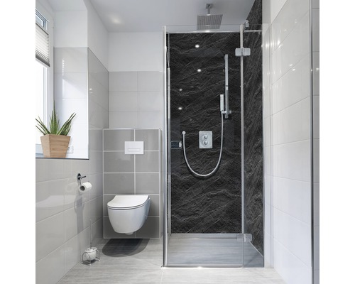Dekorplast badrum MYSPOTTI Fresh Slate 210x100 cm Ljust badrum med dusch, toalett och fönster