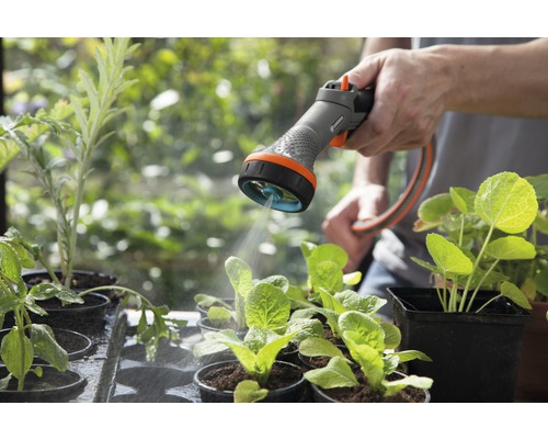 Trädgårdsbevattning med trädgårdsspruta för plantor i krukor.