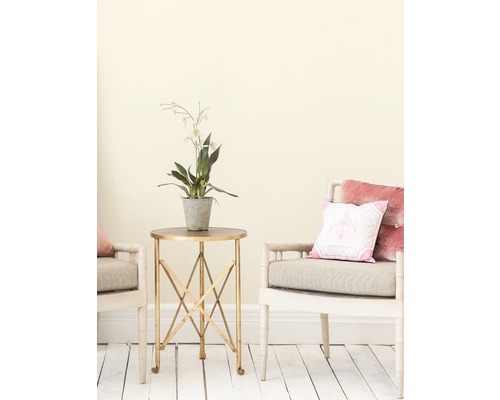 Scen med sidobord, krukväxt och två stolar med kuddar