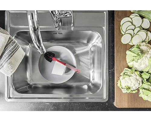 Diskho i rostfritt stål med blandare, tallrik, diskborste och grönsaker på en arbetsyta.