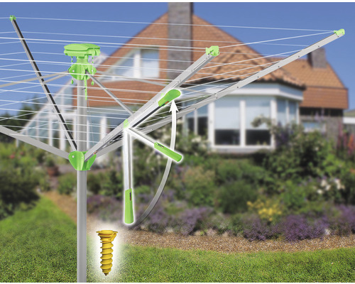 Roterande torkvinda i metall med tvättlinor och markankare för trädgården