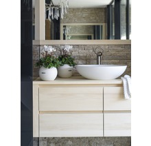 Badrum med tvättställ, tvättställsskål, armatur och dekoration